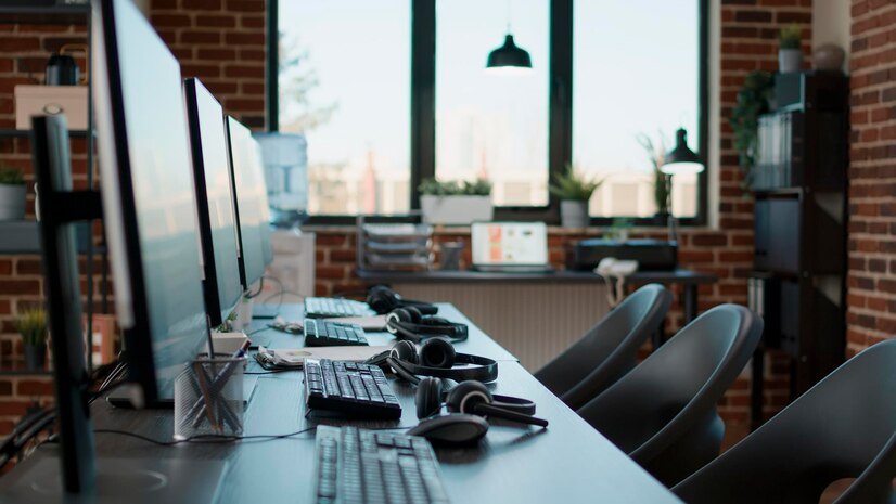 Estação de trabalho vazia de um call center virtual com monitores e headsets prontos para uso, destacando a infraestrutura moderna para atendimento ao cliente remoto.