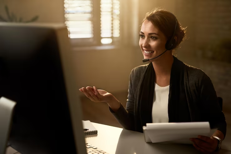 Operadora de telemarketing com headset, sorrindo e gesticulando, o que transmite o atendimento cordial e eficiente característico de um serviço 0800.