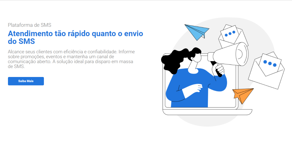 Imagem de uma plataforma de SMS retratada em uma captura de tela, com uma ilustração de uma pessoa enviando mensagens de um laptop, simbolizando um atendimento ao cliente rápido e eficiente, destacando a solução ideal para disparos de SMS em massa.