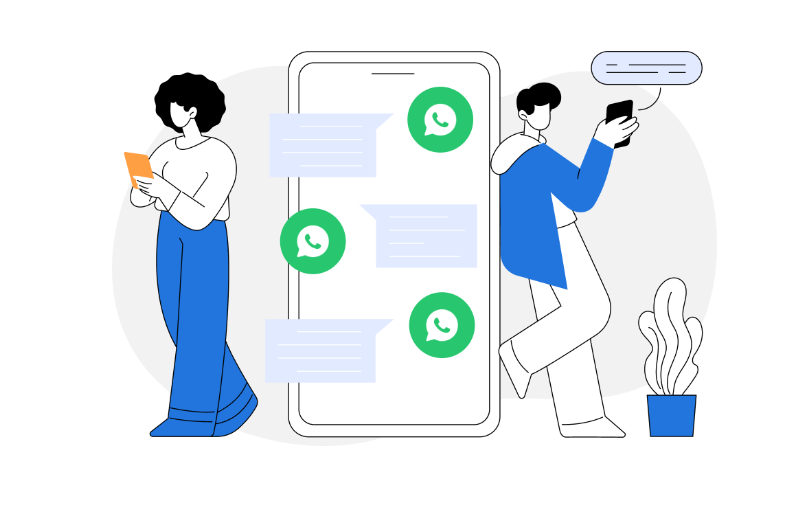 Ilustração estilizada de duas pessoas utilizando o WhatsApp em um grande smartphone, simbolizando a comunicação eficiente e direta entre empresas e clientes.