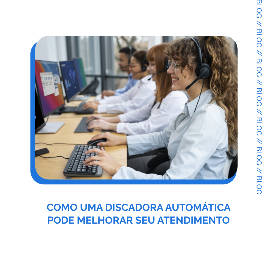 A imagem mostra agentes de atendimento ao cliente usando headsets e trabalhando em computadores, em um ambiente de trabalho moderno e iluminado. O título, "Como uma Discadora Automática Pode Melhorar Seu Atendimento", indica que o artigo discutirá os benefícios de usar discadoras automáticas. A ideia central é destacar a eficiência e produtividade que a tecnologia pode trazer ao atendimento ao cliente.