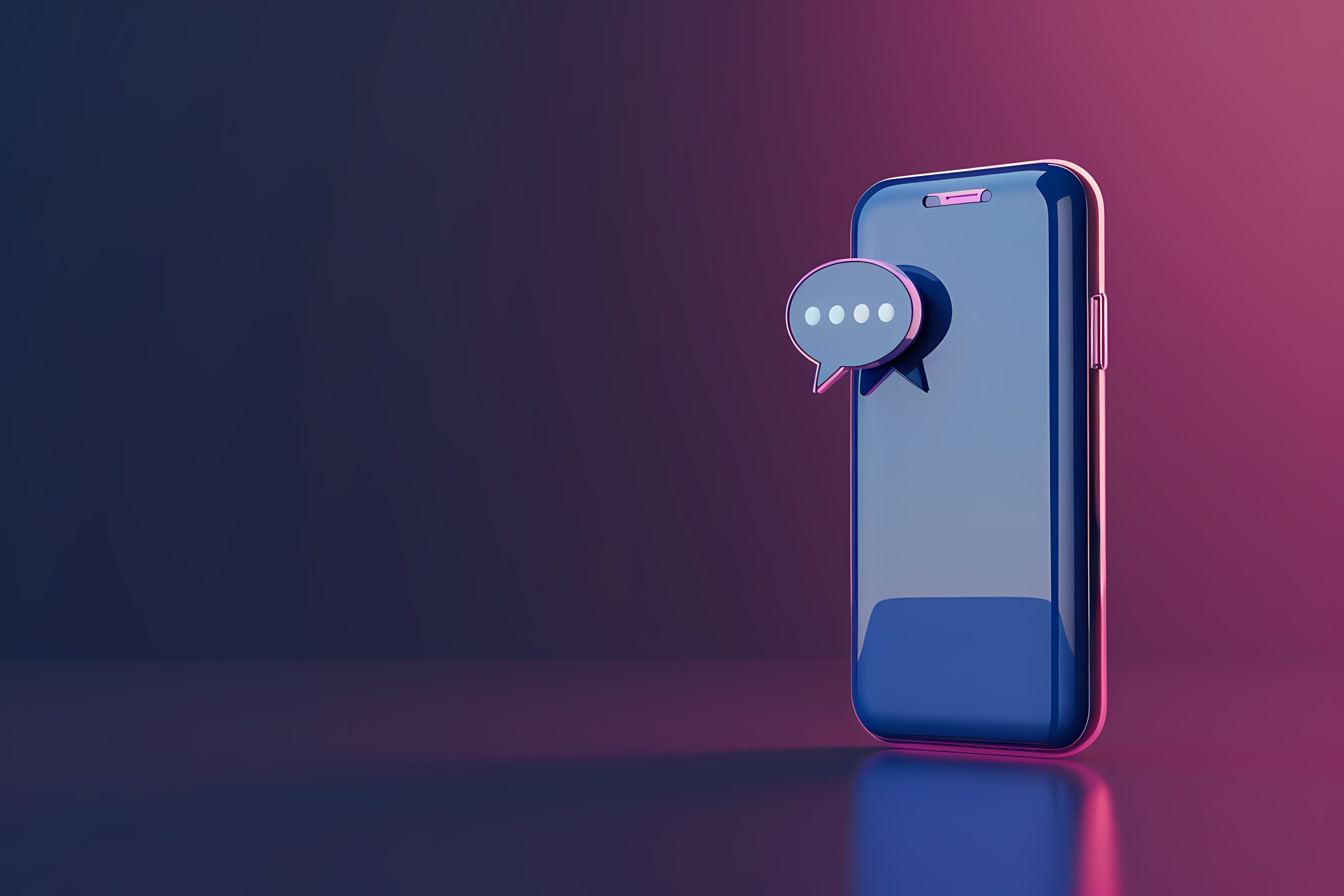 Um smartphone estilizado, com design moderno e reflexivo, exibido em um fundo com gradiente de cores roxo e azul. Um balão de mensagem flutuante com três pontos de digitação está saindo da tela do smartphone, simbolizando comunicação e interatividade nas redes sociais.